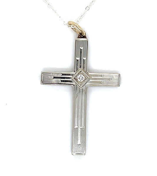 .05ct Diamond 14KW Vintage Cross Pendant