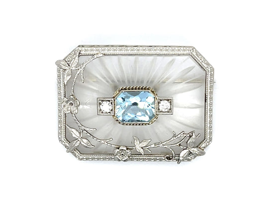 Original Art Deco 2ct Aquamarine 14KW+Platinum Brooch (Antique 1920s)