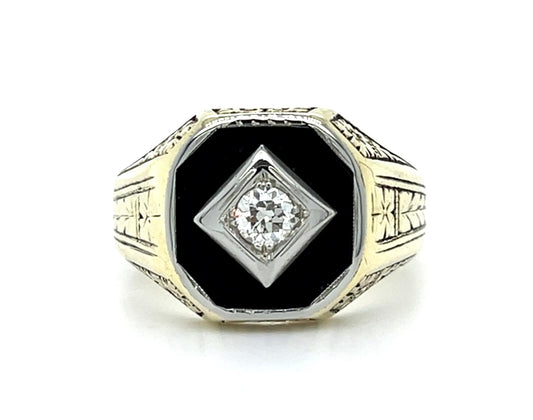 Original Art Deco Men's .25ct Euro Dia + Onyx 14KY Ring (Vintage 1930s)