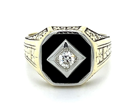 Original Art Deco Men's .25ct Euro Dia + Onyx 14KY Ring (Vintage 1930s)