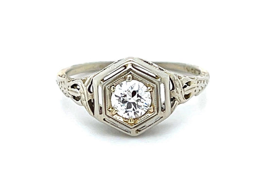 Art Deco .28ct Old Euro Dia 18KW Ring (Antique 1920s)