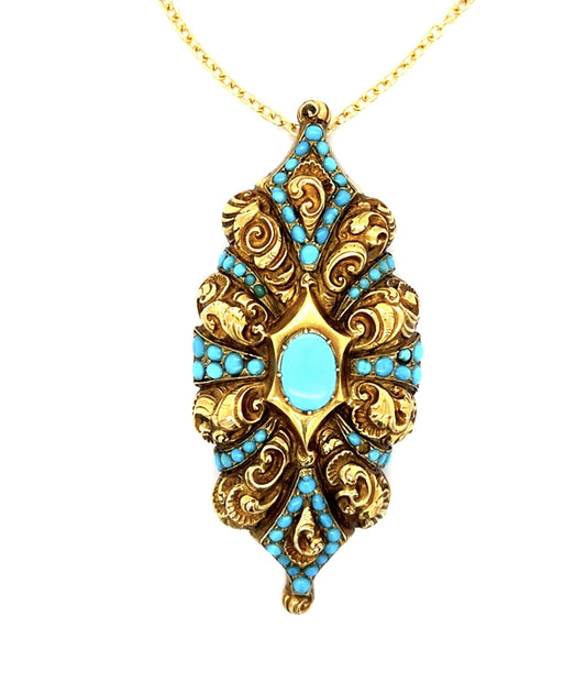 Original Victorian 3ct Turquoise 14KY Pendant (Antique 1870s)