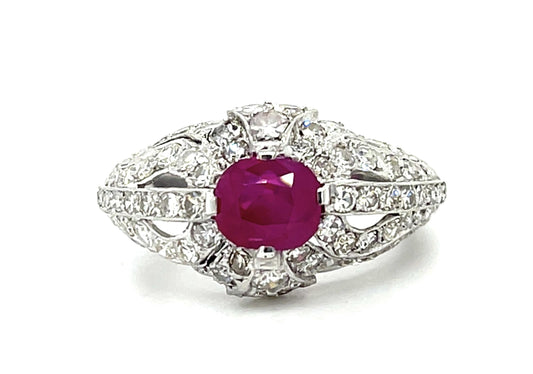 1.71ct Burma No Heat Ruby Platinum Handmade Ring (Vintage 1940s)
