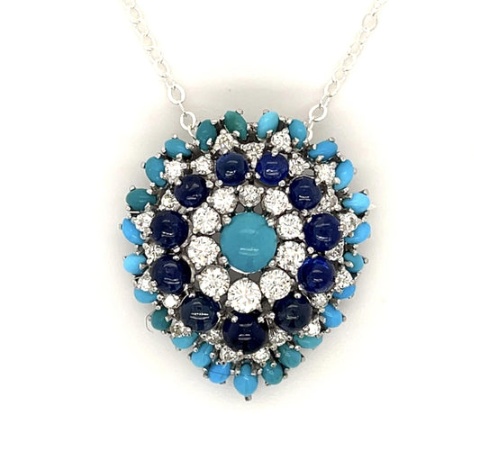 Turquoise 1.50ct Diamond 2.80ct Sapphire Platinum Pendant (Vintage 1950s)