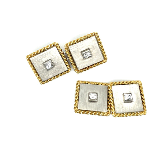 Original Edwardian .60ct Carre-cut Diamond 18KY+PT Cufflinks (Antique 1900s)