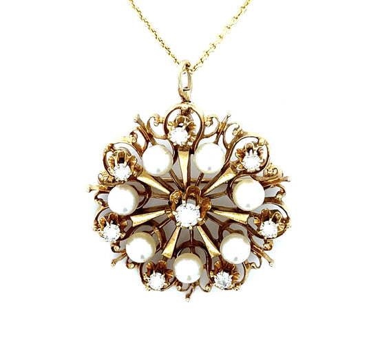 Original 4.70mm Pearl + .90ct Diamond 14KY Pendant (Vintage 1940s)