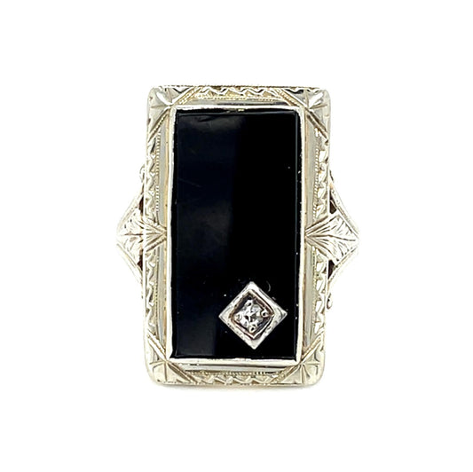 Original Art Deco Onyx+.06ct Diamond 14K 2 Tone Gold Ring (Vintage 1930s)