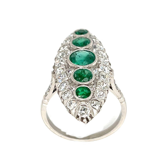 1.87ct Round Emerald Platinum Handmade Navette Ring