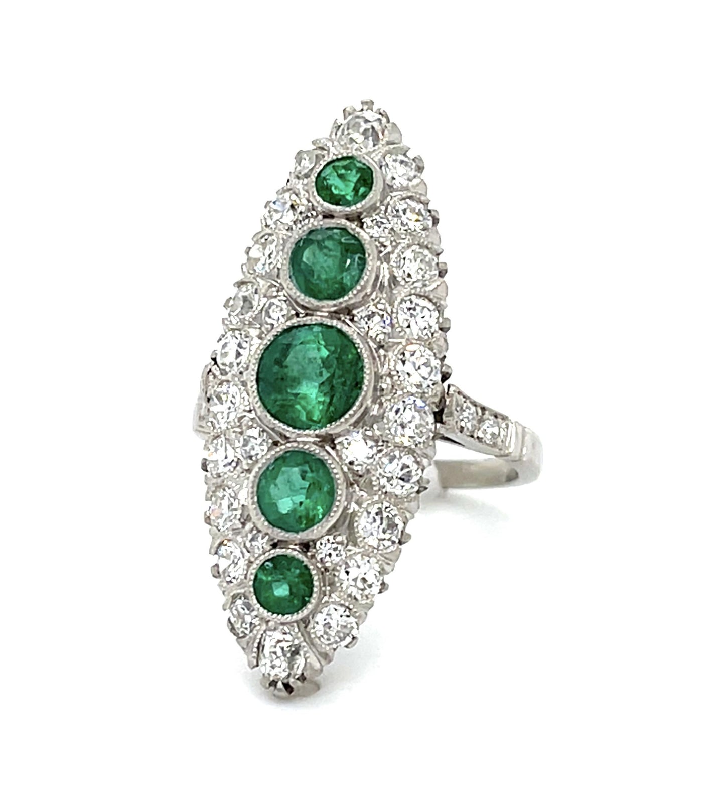 1.87ct Round Emerald Platinum Handmade Navette Ring
