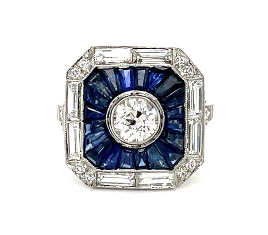 .55ct Old Euro Diamond Platinum Handmade Ring 3.40ct Calibre-set Sapphires