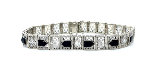 Original Art Deco .30ct Diamond + Onyx 14KW Bracelet (Vintage 1930s)