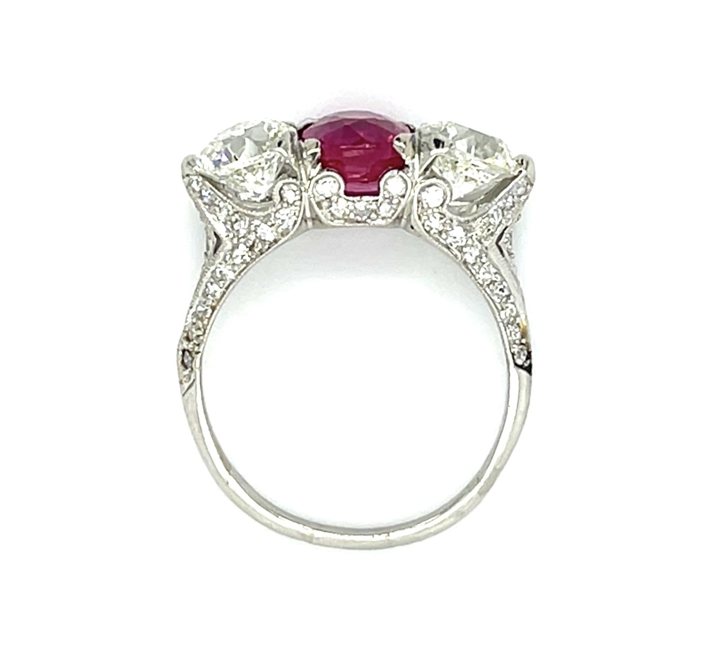 Original Art Deco 2.08ct Oval Ruby Platinum Three Stone Ring (Antique 1920s)