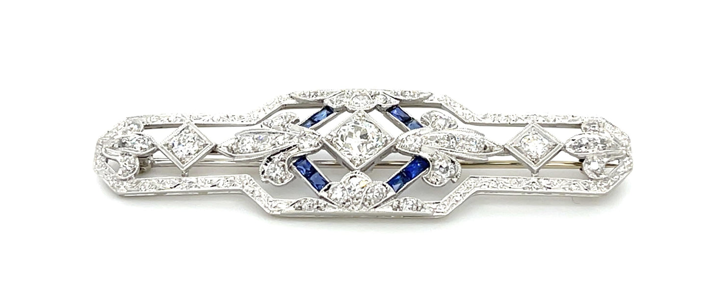 Original Art Deco .58ct Euro Diamond 1ct Sapphire Platinum Brooch