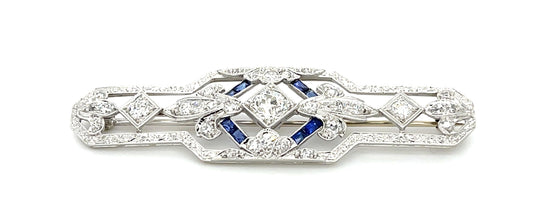 Original Art Deco .58ct Euro Diamond 1ct Sapphire Platinum Brooch