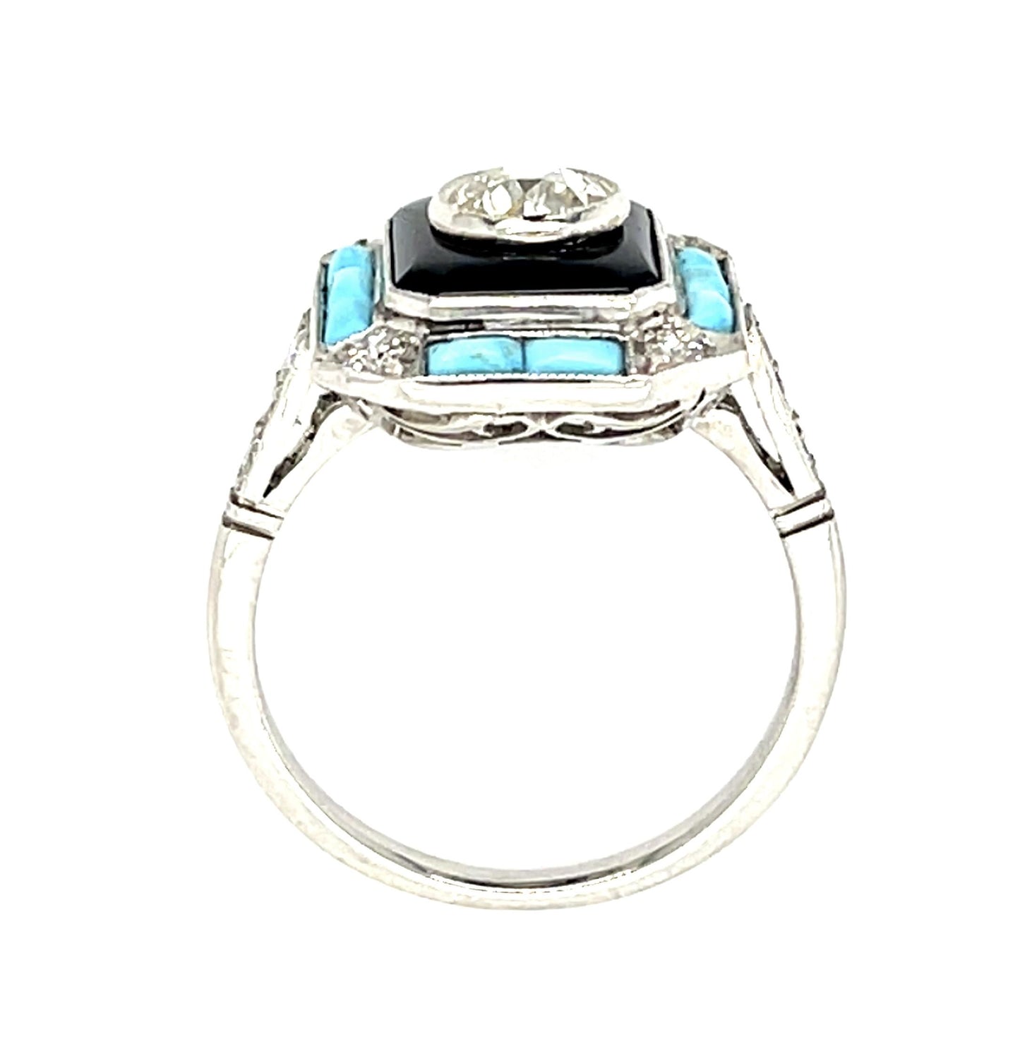 .48ct Old Euro Dia + Turquoise + Onyx Platinum Handmade Ring