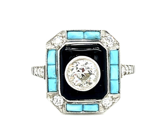 .48ct Old Euro Dia + Turquoise + Onyx Platinum Handmade Ring