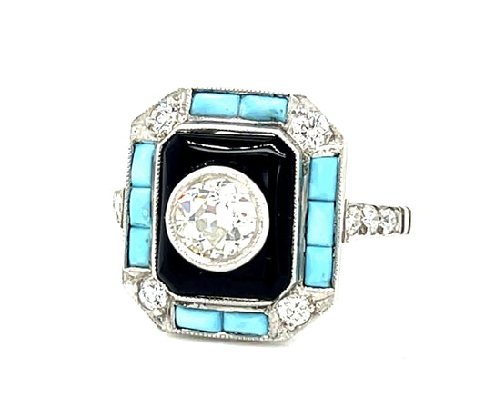 .48ct Old Euro Dia + Turquoise + Onyx Platinum Handmade Ring