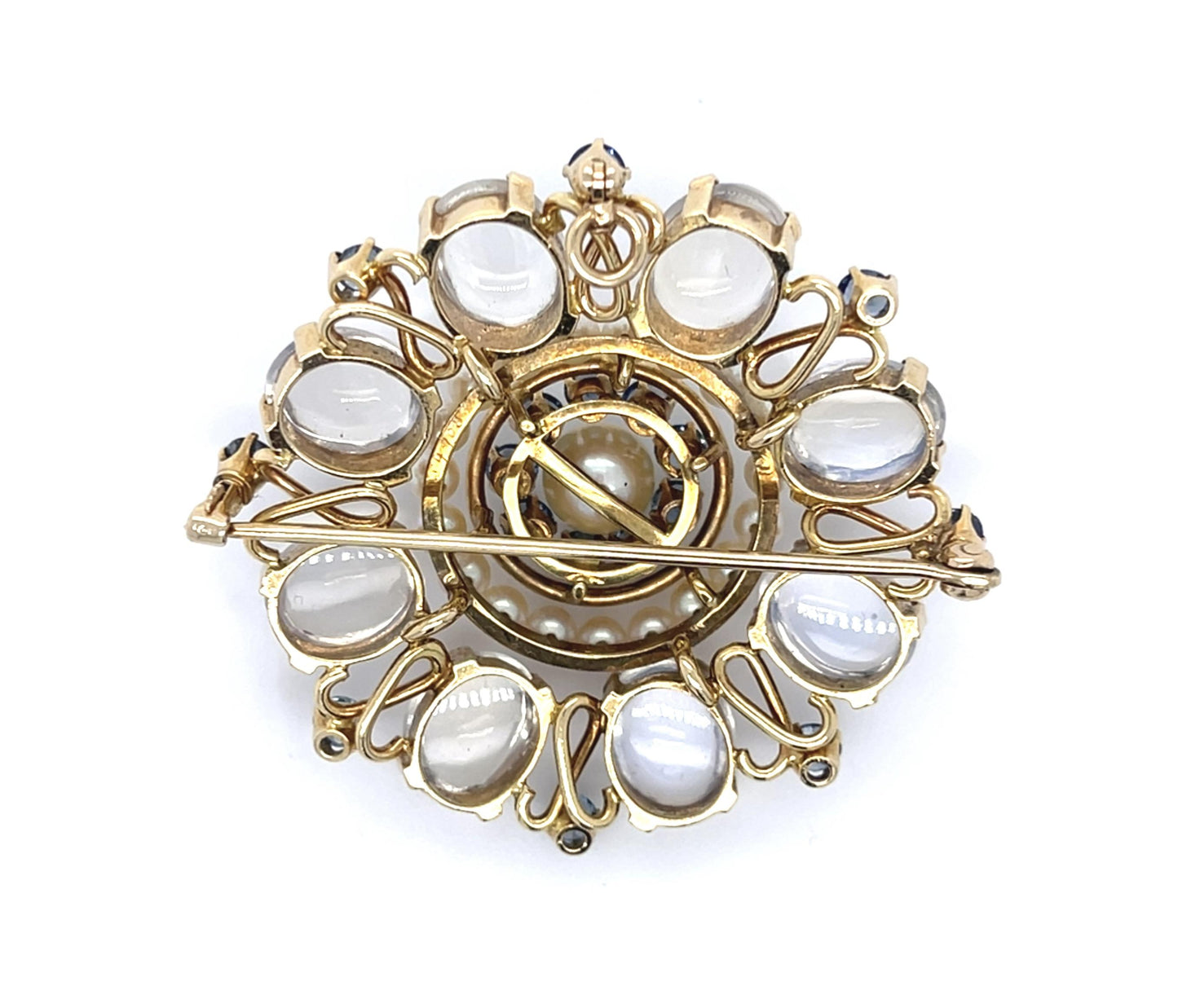 Original Retro 16ct Moonstones with Blue Sheen 3ct Montana Sapphire 18KY Brooch