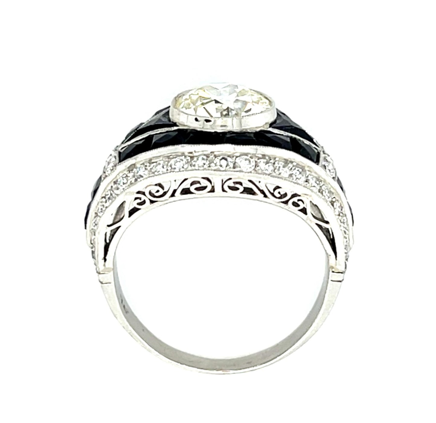 2.01ct (K-L VS) Old European Diamond 2.50ct French-cut Onyx PT Handmade Ring