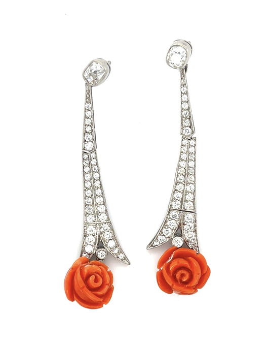 5.50ct Carved Coral Flower Platinum Handmade Earrings