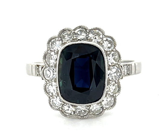4.50ct Sapphire PT+18KY Handmade Ring 1.80ct Old European Diamond
