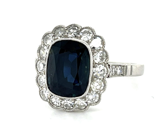 4.50ct Sapphire PT+18KY Handmade Ring 1.80ct Old European Diamond
