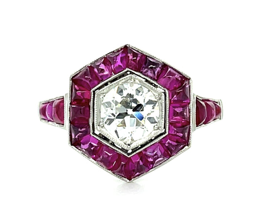 .77ct (H-I VS) Old European Diamond Platinum Handmade Ring 1.80ct Cabochon Ruby