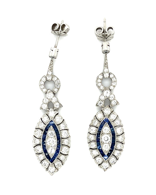 2.18ct Diamond 1.08ct Sapphire Platinum Handmade Drop Earrings