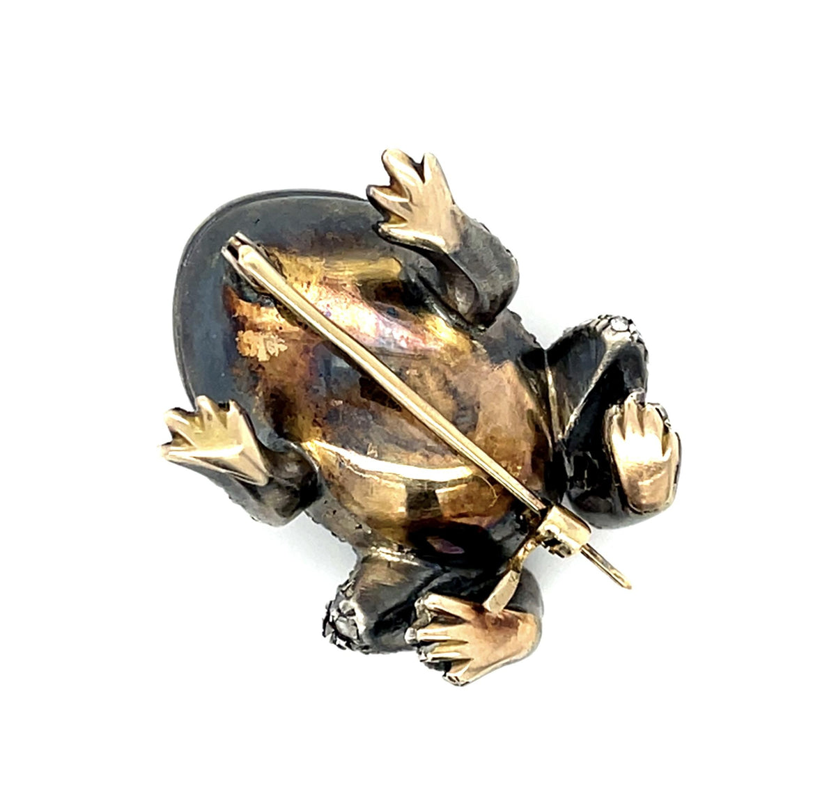 2.20ct Rose-cut Diamond .43ct Ruby Silver+14KY Frog Brooch 16.93g