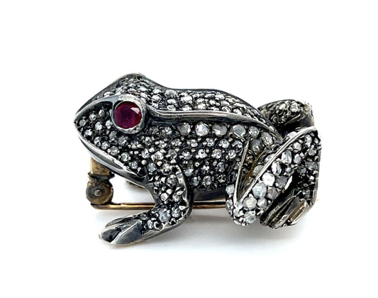 2.20ct Rose-cut Diamond .43ct Ruby Silver+14KY Frog Brooch 16.93g