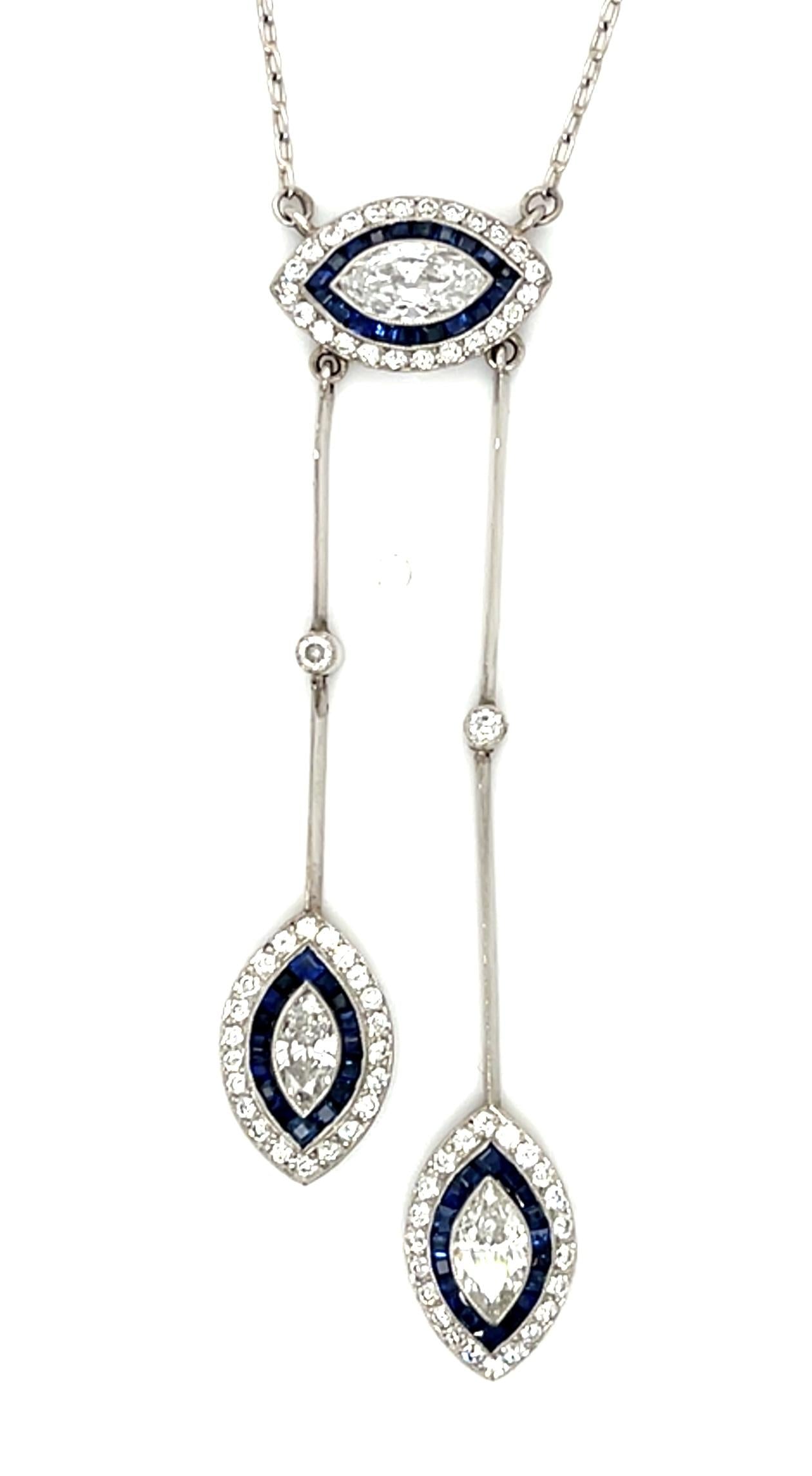 1.23ct (H-I VS) Oval Diamond (Two Ovals) .70ct Sapphire PT Handmade Pendant