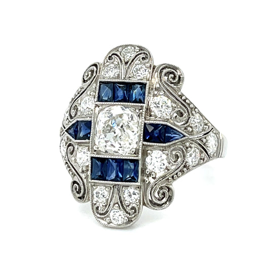 1.05ct (I SI3) Diamond Old Mine 1.10ctw Sapphire PT Ring Handmade