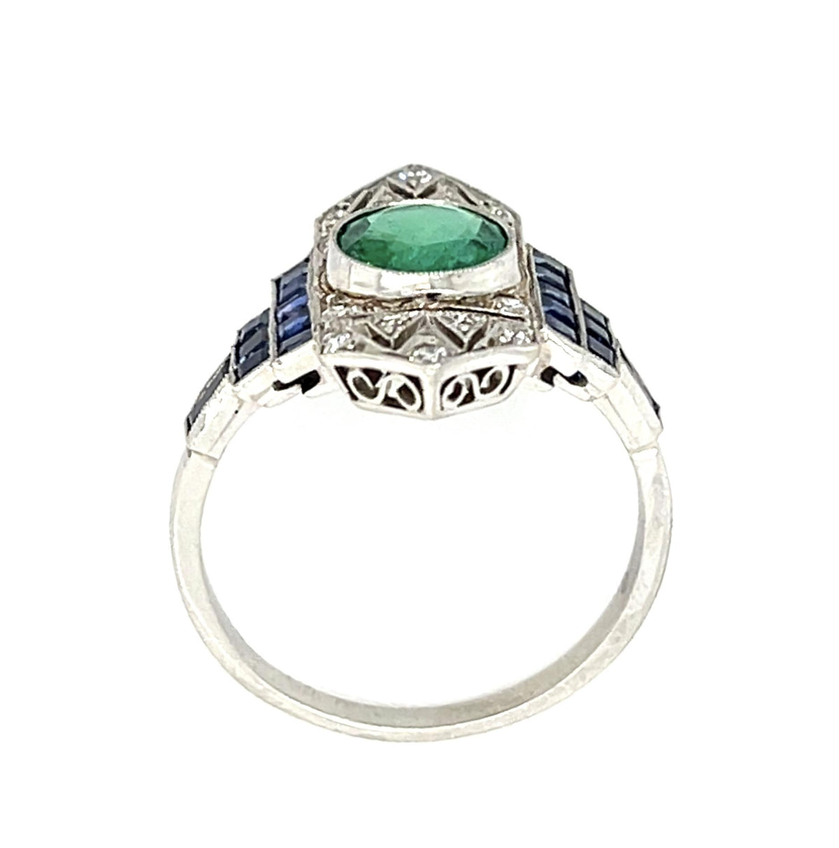 1.11ct Round Emerald Platinum Handmade Ring 1.96ct Sapphire