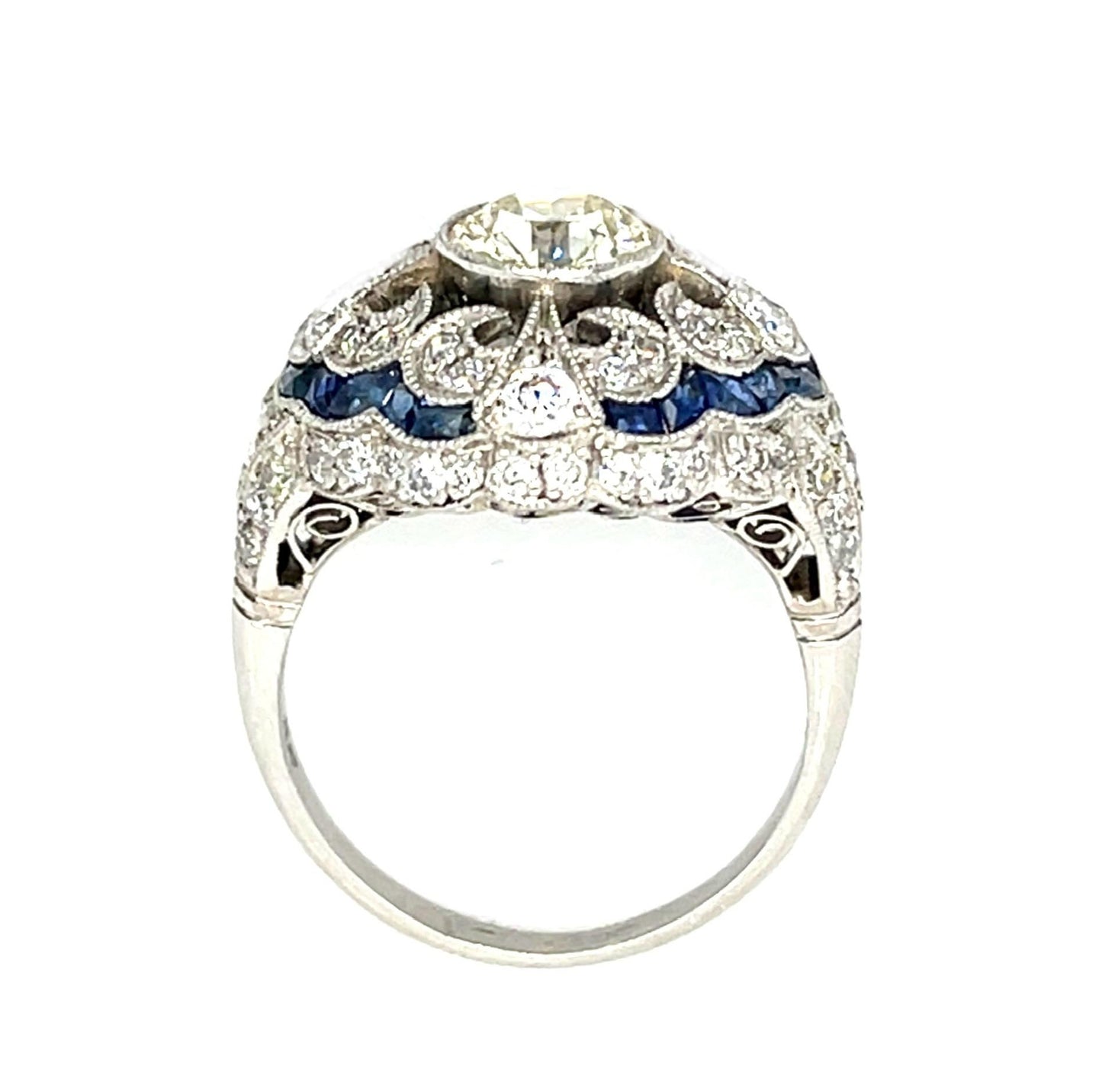 1.11ct Old European Diamond 1.94ct Sapphire PT Handmade Ring