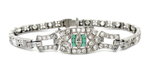 Original Art Deco 3.50ct Diamond + Green Stones Platinum Bracelet (Antique 1920s