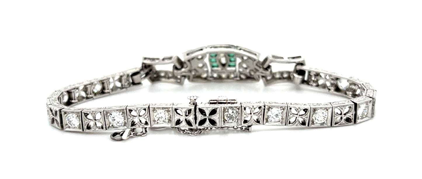Original Art Deco 3.50ct Diamond + Green Stones Platinum Bracelet (Antique 1920s
