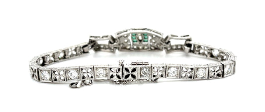 Original Art Deco 3.50ct Diamond + Green Stones Platinum Bracelet (Antique 1920s