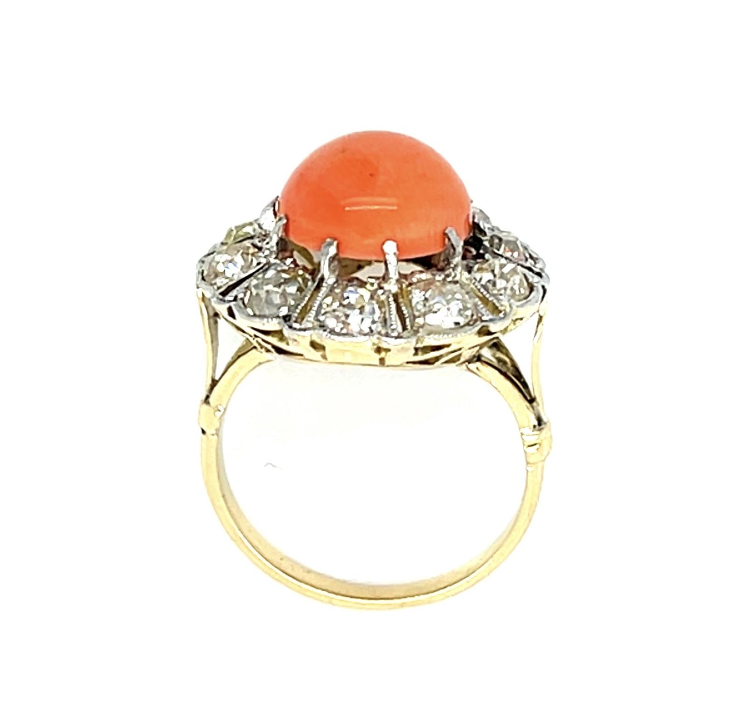 Original Edwardian 2.75ct Cab Coral 1.10ct Old Mine Diamond Platinum+ 18KY Ring