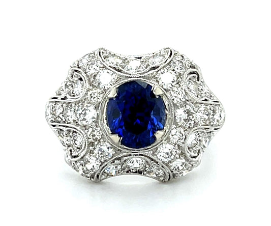 Original Art Deco 2.54ct Exact Sapphire Platinum Ring (Vintage 1930s) 1.60ct Dia