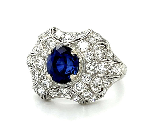 Original Art Deco 2.54ct Exact Sapphire Platinum Ring (Vintage 1930s) 1.60ct Dia