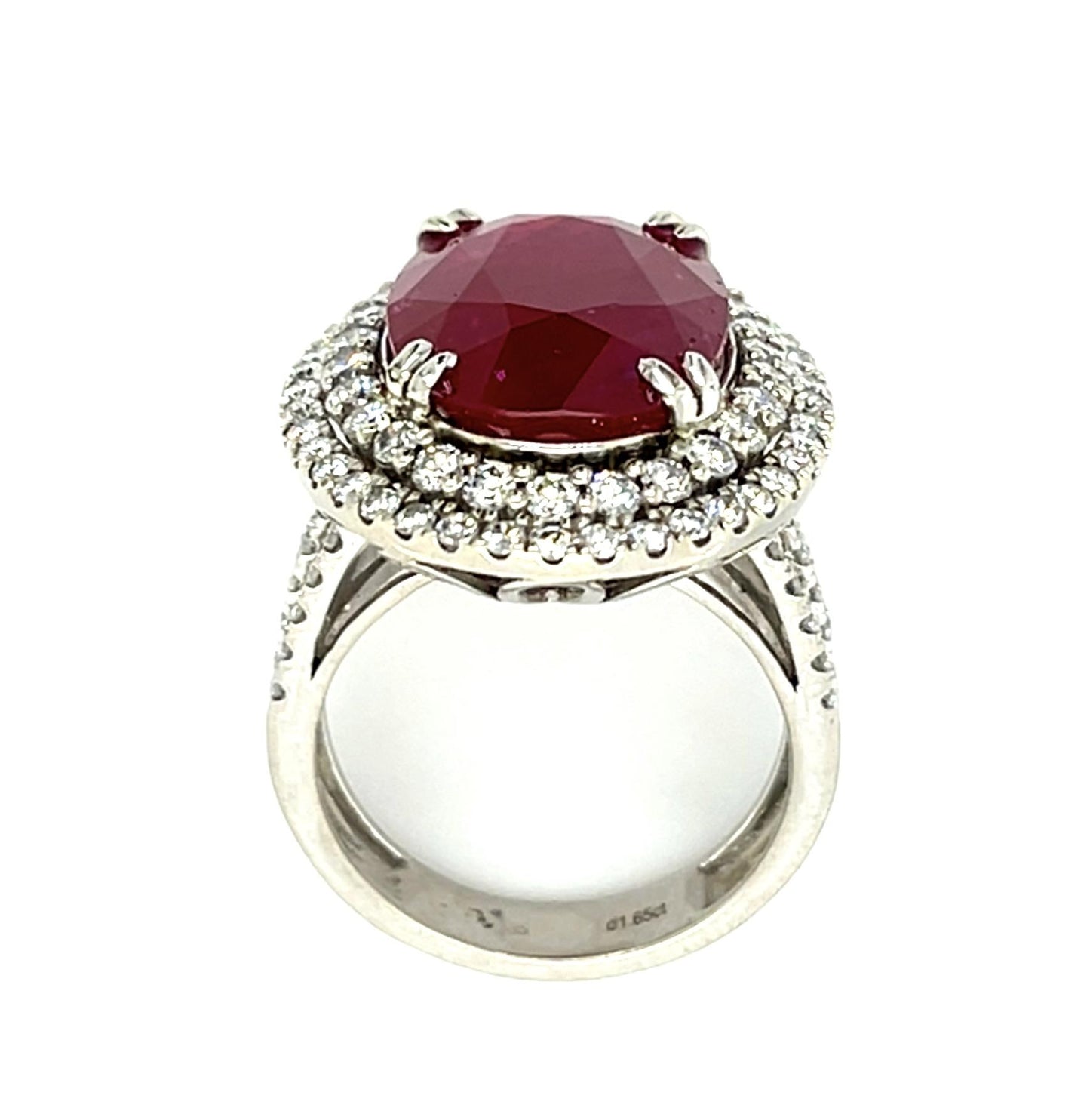 11.69ct Oval Moderate Residue Ruby 18KW Gold Ring 1.50ct Diamond 18KW Gold Ring
