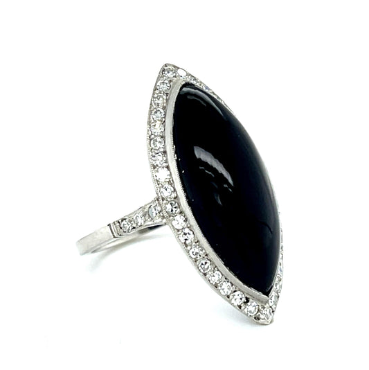 14.70ct Cab Onyx Platinum Handmade Ring .65ct Single Cut Diamond