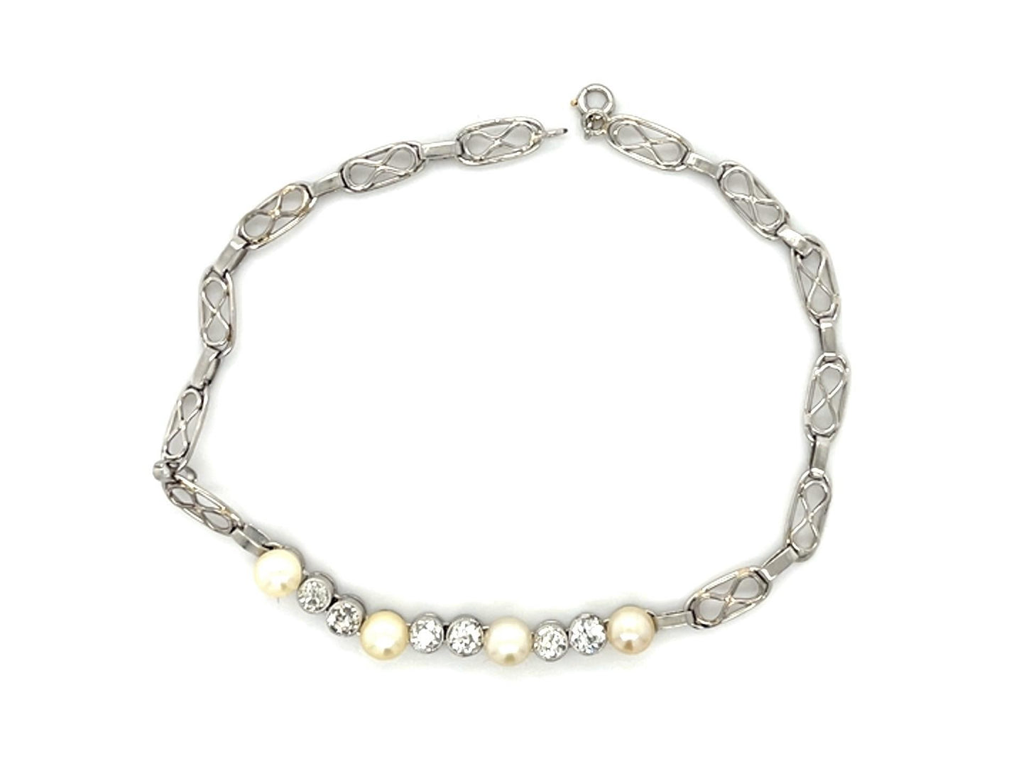 Original Art Deco 1ct Euro Diamond + Pearl Platinum Bracelet (Vintage 1930s)