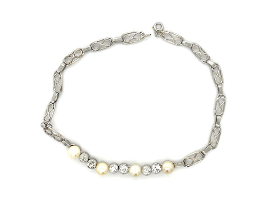 Original Art Deco 1ct Euro Diamond + Pearl Platinum Bracelet (Vintage 1930s)