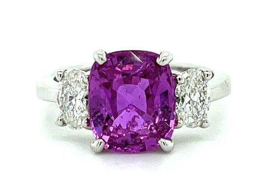 4.16ct Cushion Pink Sapphire Platinum Three Stone Ring .76ct Oval Diamond 6.40g