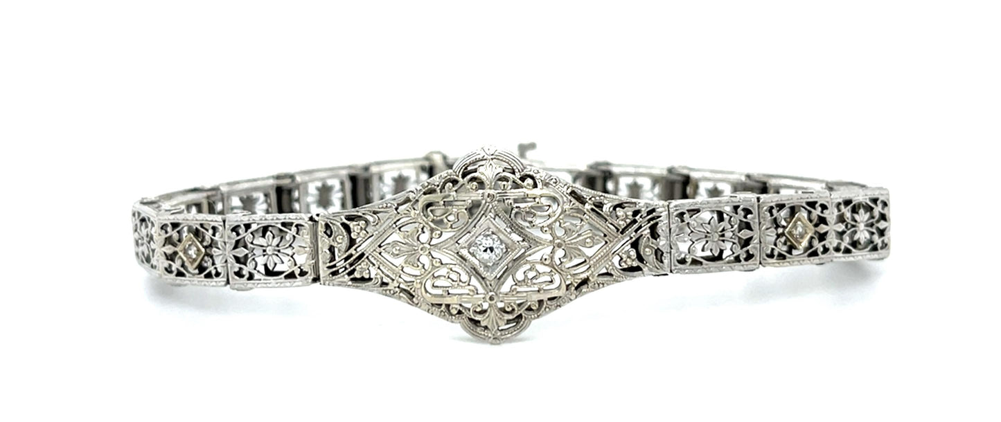 Original Art Deco 14KW Gold Filigree Bracelet (Vintage 1930s) .04ct Diamond