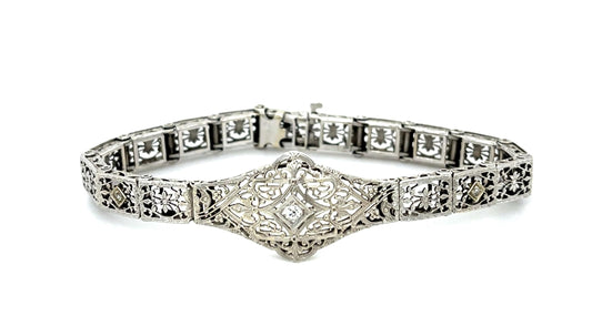 Original Art Deco 14KW Gold Filigree Bracelet (Vintage 1930s) .04ct Diamond