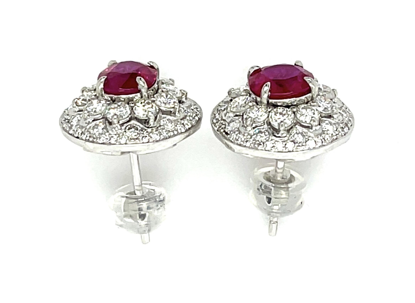 2.14ct Cushion Ruby Platinum Stud Earrings 1.58ct Diamond 5.74g .50"