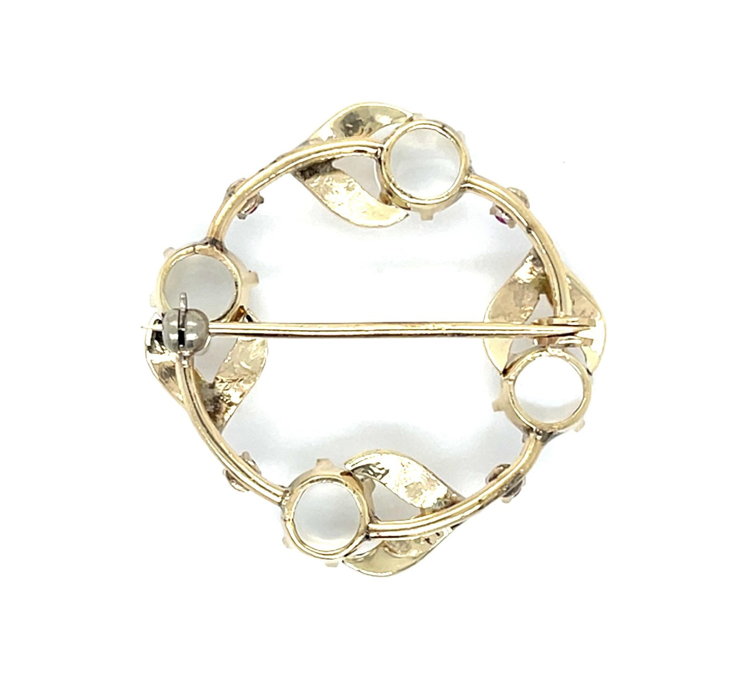 Original Retro 5ct Moonstone .40ct Ruby 14KY Gold Brooch (Vintage 1940s) 7.60g