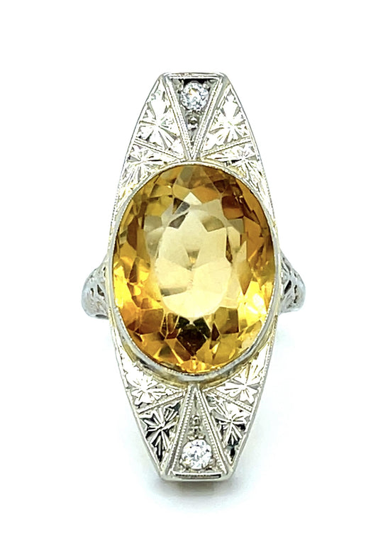 Original Art Deco 13ct Citrine 14KW Gold Ring .10ct Diamond 6.40g 5 Size